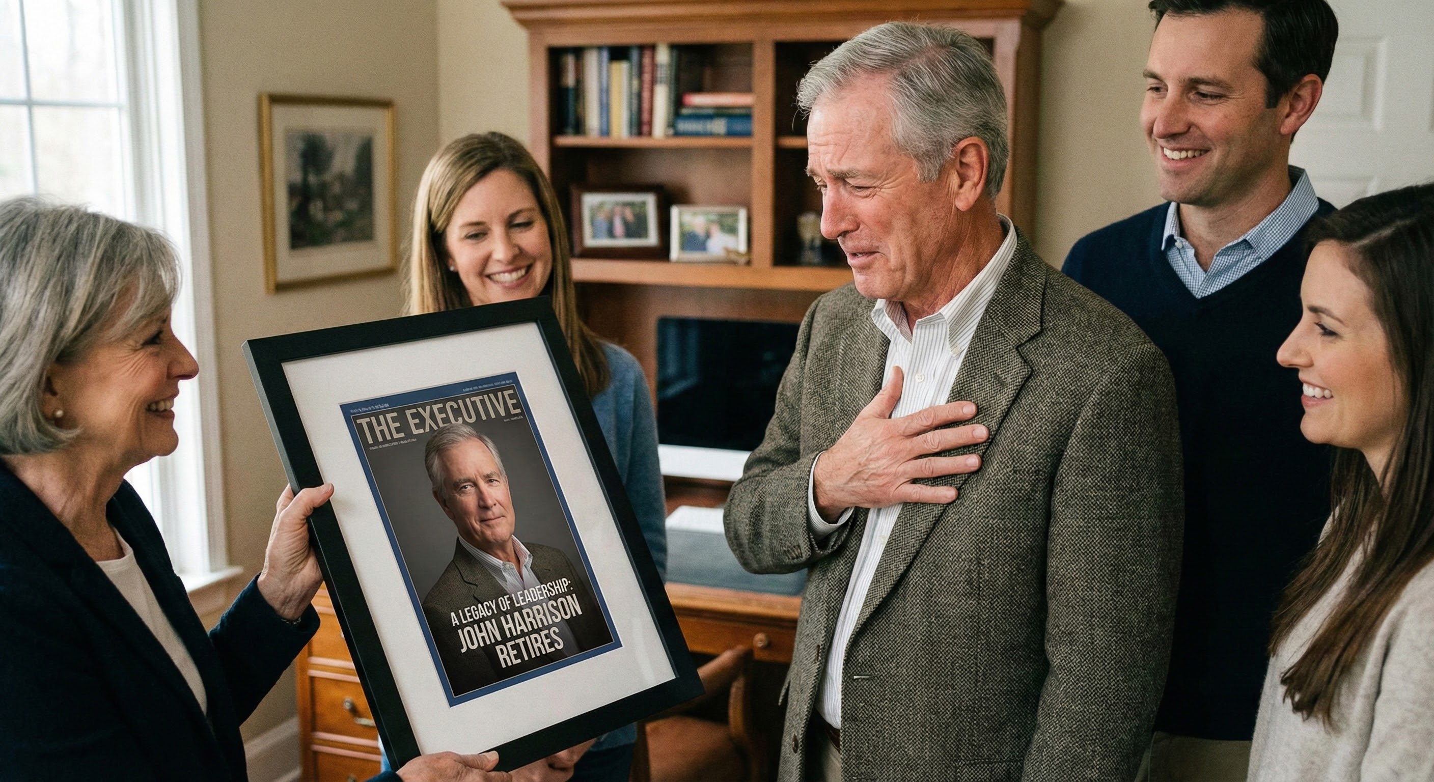 A family gifting a framed personalized magazine cover